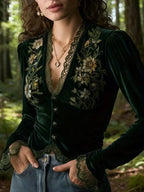 Velvet Shirt with Floral Embroidery and Long Sleeves
