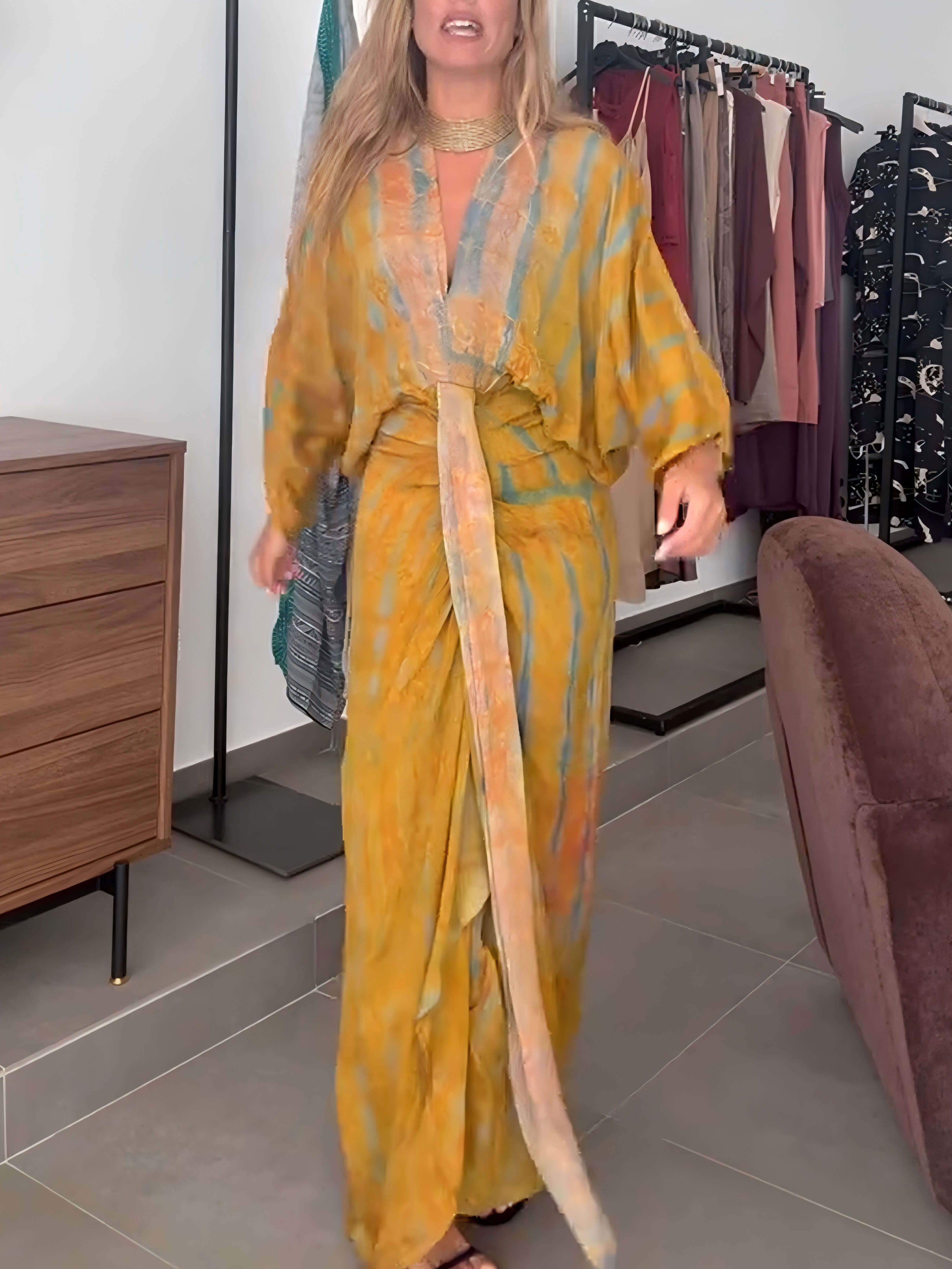 Long kimono-style floral dress