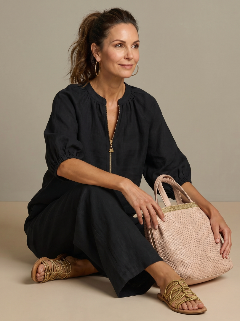 Sharina - Zip-Up Blouse And Wide-Leg Pants Set
