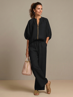 Sharina - Zip-Up Blouse And Wide-Leg Pants Set