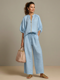 Sharina - Zip-Up Blouse And Wide-Leg Pants Set