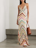Multicolor Herringbone Print Knitted Open-Back Maxi Dress