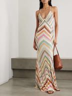 Multicolor Herringbone Print Knitted Open-Back Maxi Dress