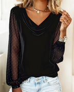 Long-Sleeved Paneled Turn-Down Collar Top