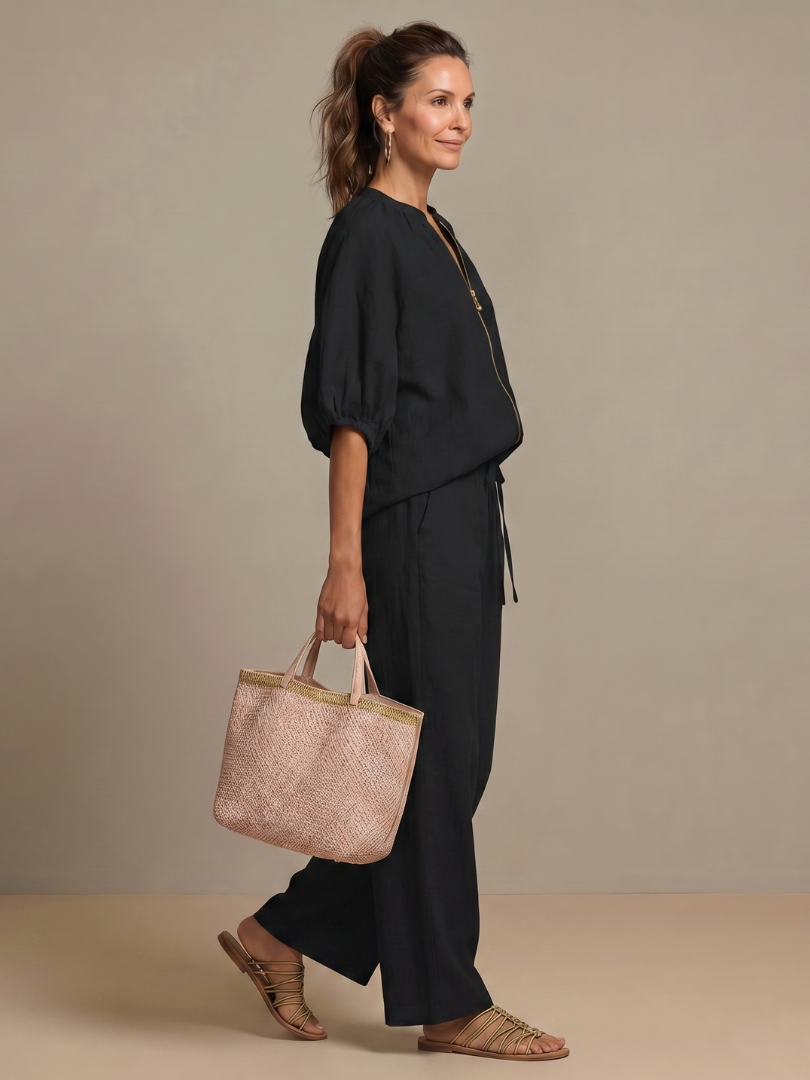 Sharina - Zip-Up Blouse And Wide-Leg Pants Set