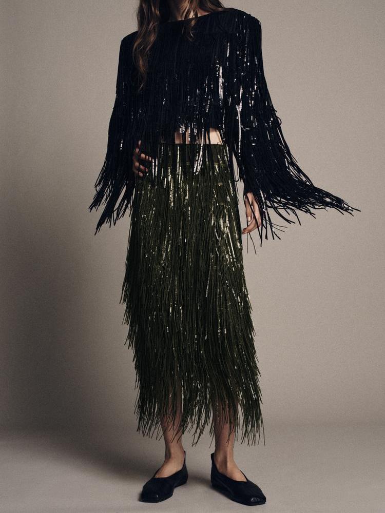 Fringed and sequined skirt