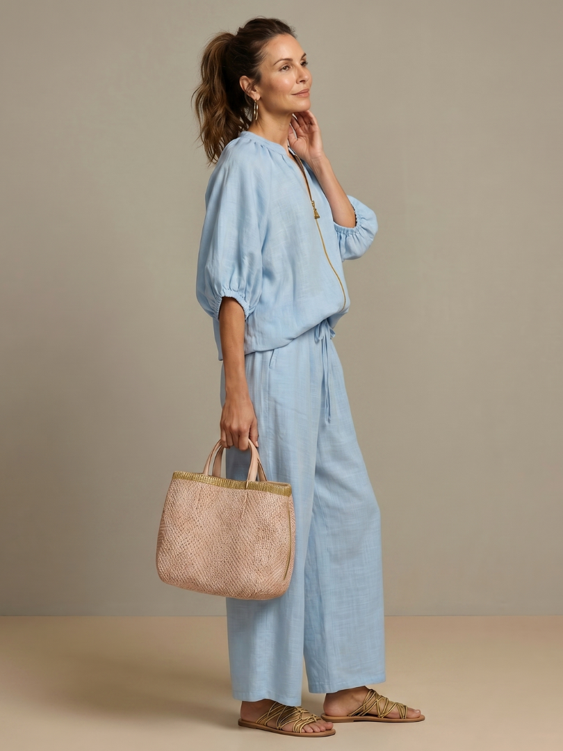 Sharina - Zip-Up Blouse And Wide-Leg Pants Set