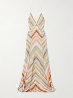 Multicolor Herringbone Print Knitted Open-Back Maxi Dress