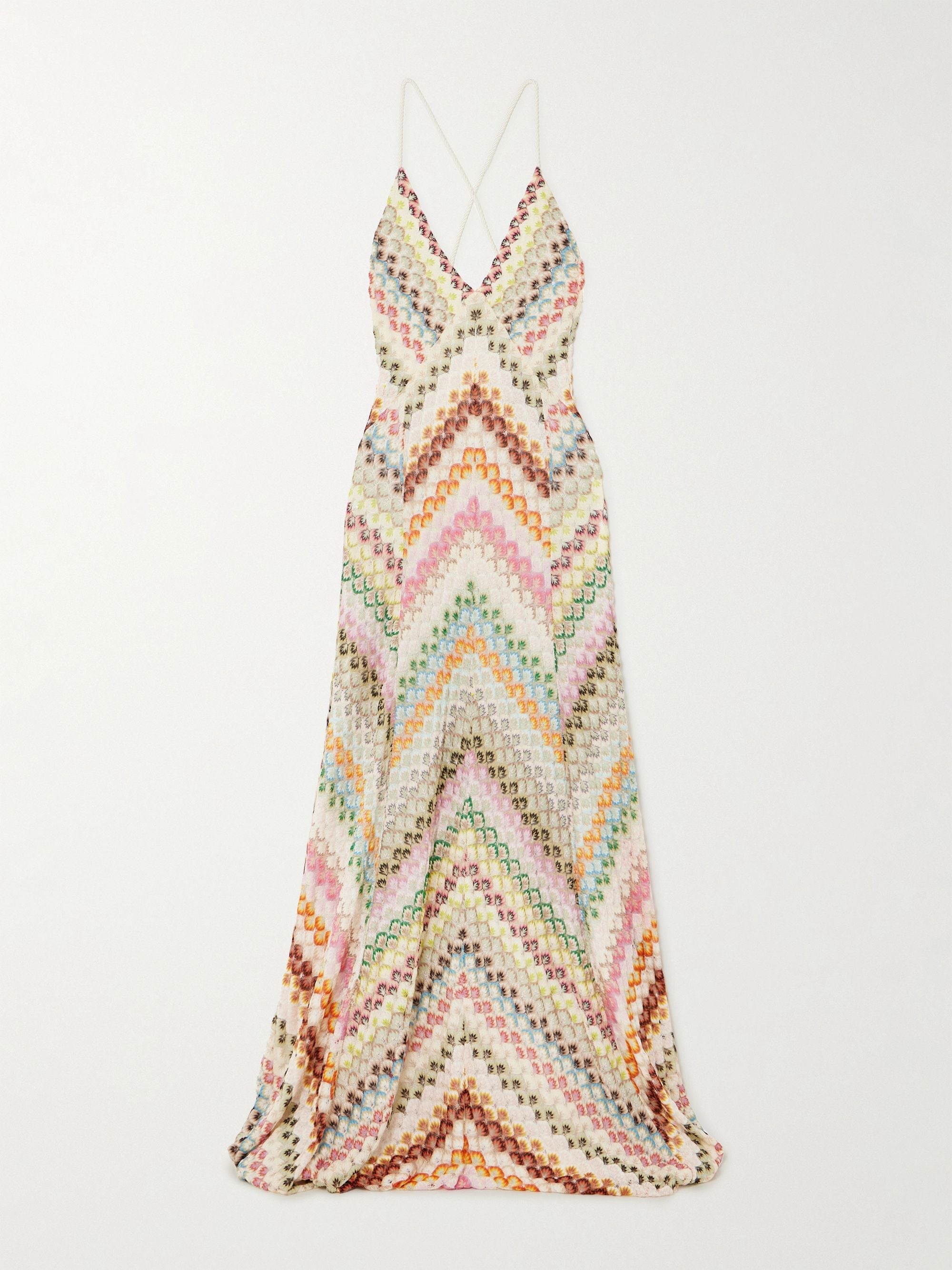 Multicolor Herringbone Print Knitted Open-Back Maxi Dress