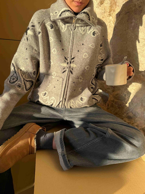 Grey Cardigan with Bandana Print