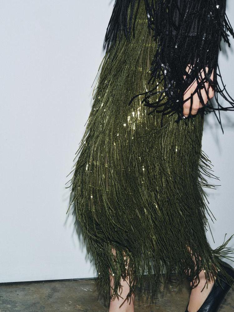 Fringed and sequined skirt