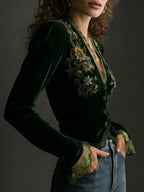 Velvet Shirt with Floral Embroidery and Long Sleeves