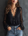 Blusa de Encaje de Manga Larga con Cuello en V