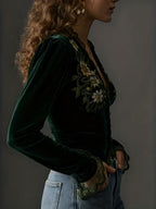 Velvet Shirt with Floral Embroidery and Long Sleeves