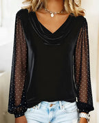 Long-Sleeved Paneled Turn-Down Collar Top
