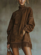High-neck dress with fringes
