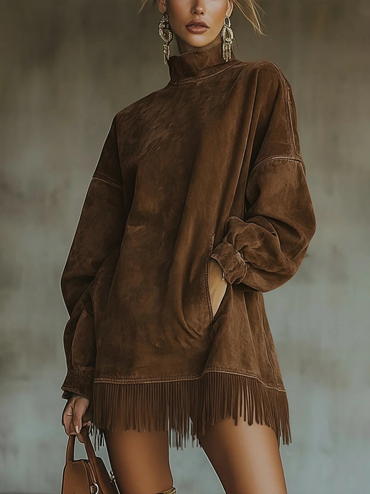 High-neck dress with fringes