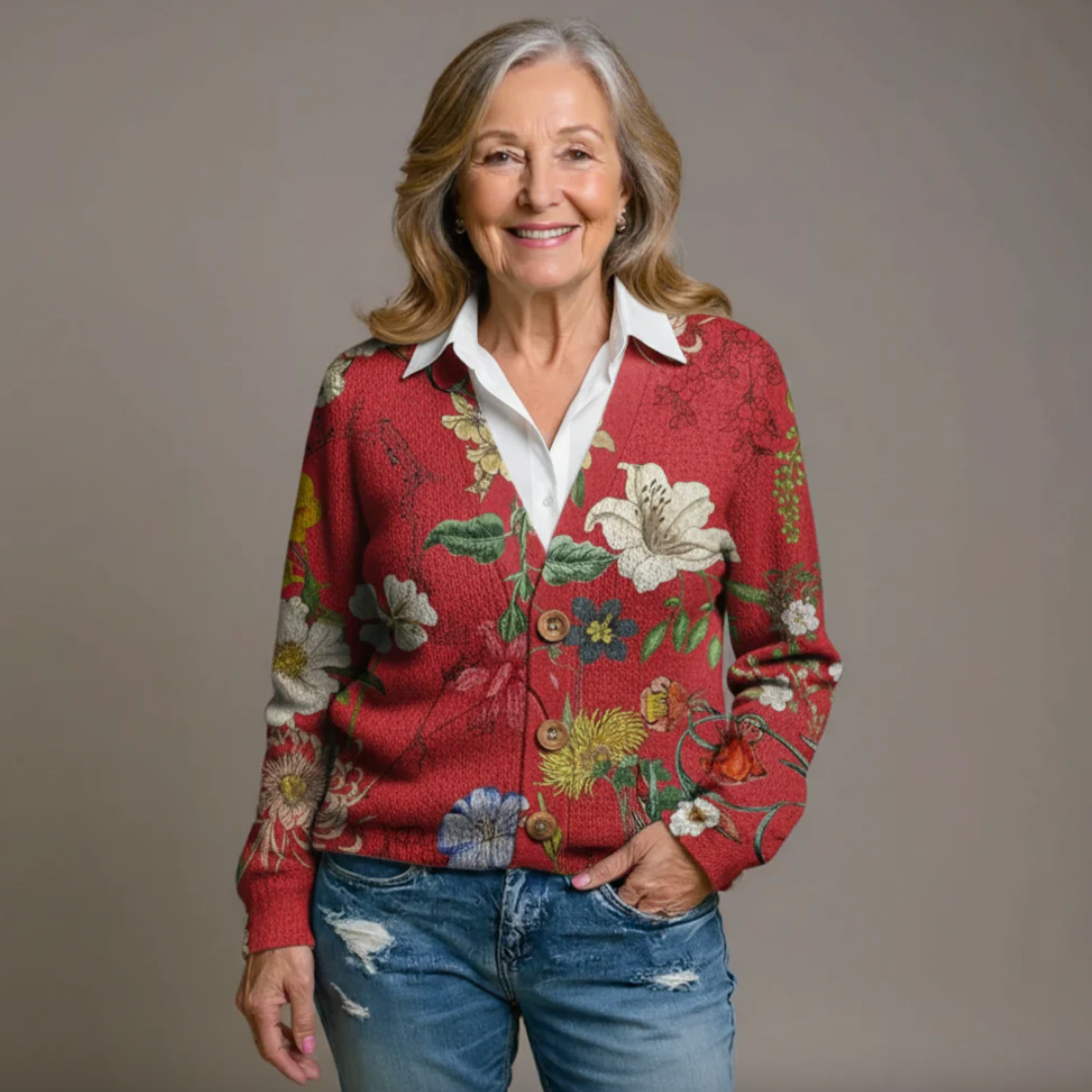 Cárdigan De Punto Con Estampado Floral Vintage