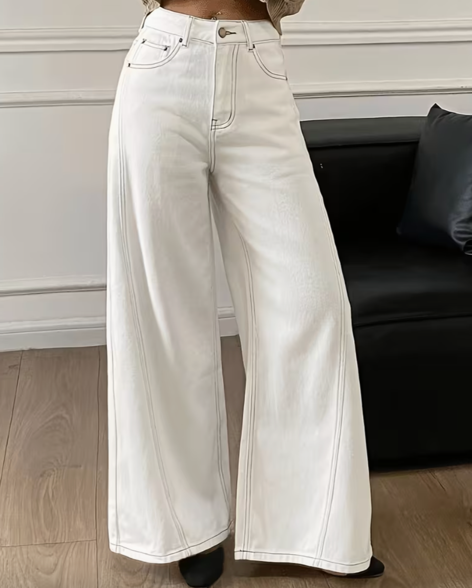 Pantalón Wide Leg en Blanco Marfil con Pespuntes en Contraste