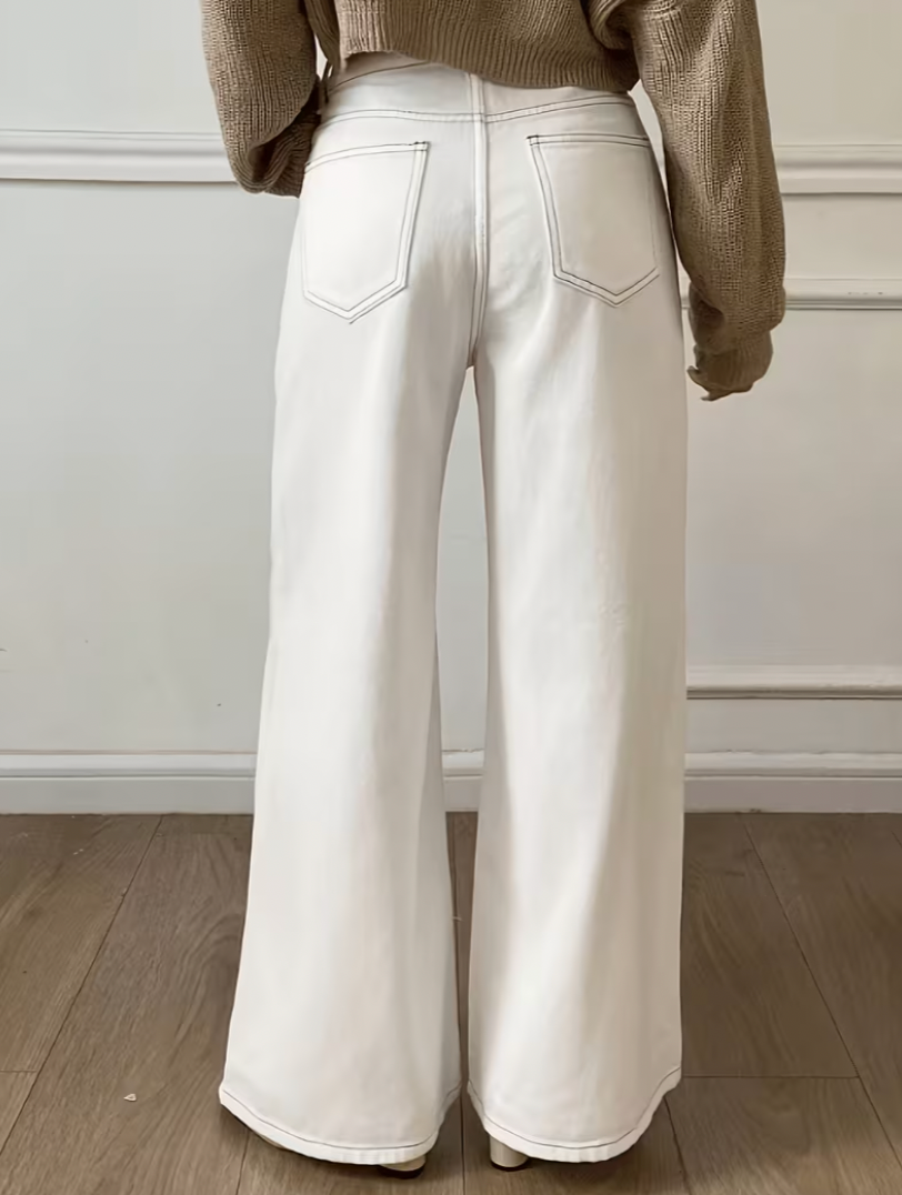 Pantalón Wide Leg en Blanco Marfil con Pespuntes en Contraste