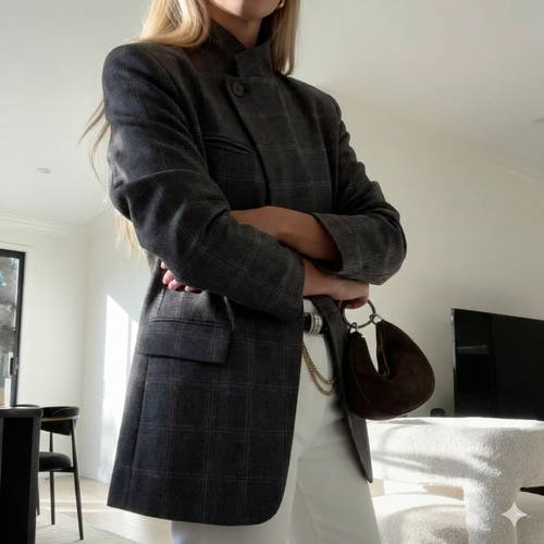 Double-breasted blazer with vintage check print