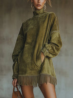 High-neck dress with fringes