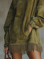 High-neck dress with fringes
