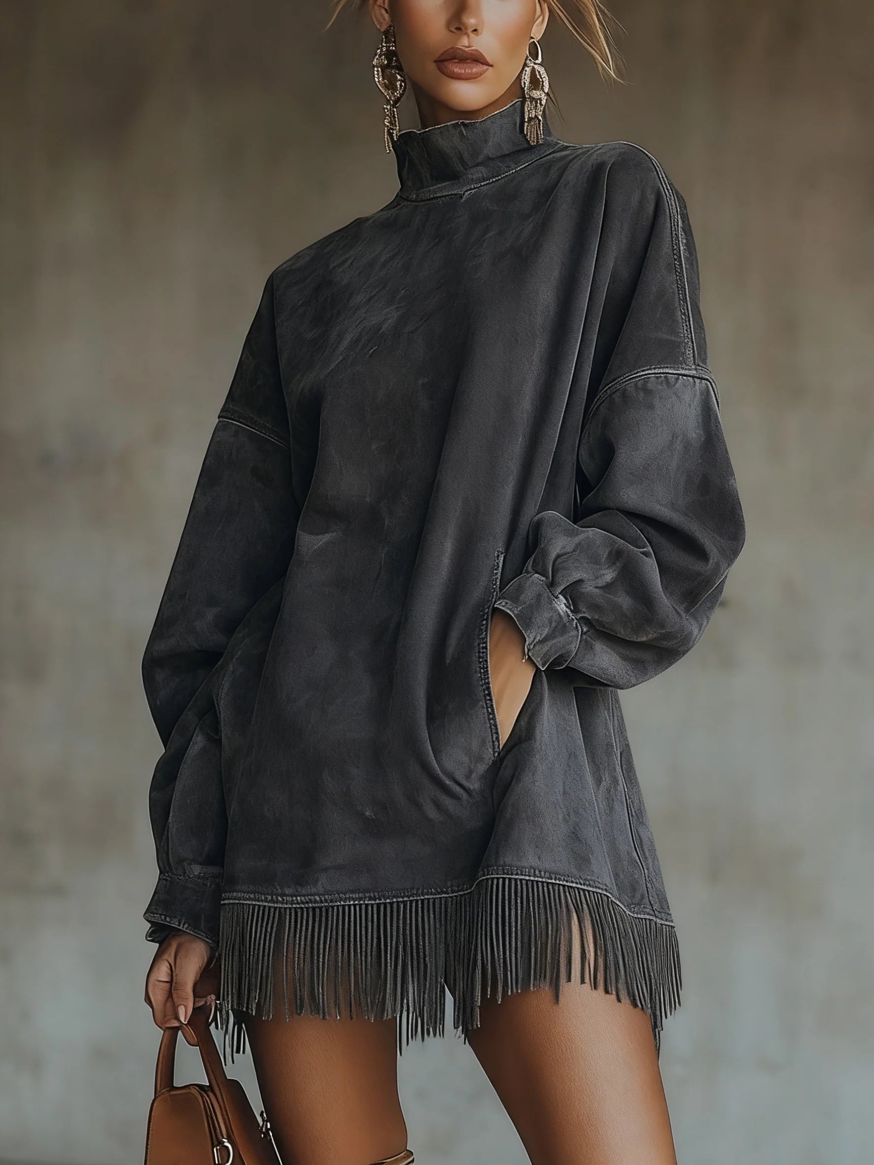 High-neck dress with fringes