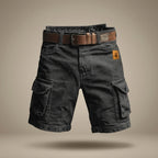 Shorts Cargo Multibolsillos "Novak" - Estilo Retro | Replace only the background of this product photo with a seamless warm greige studio backdrop — a soft neutral tone between light taupe and cream, with a subtle