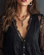 V-Neck Long Sleeve Lace Blouse