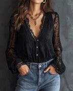 V-Neck Long Sleeve Lace Blouse