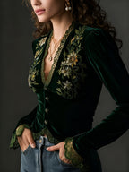 Velvet Shirt with Floral Embroidery and Long Sleeves
