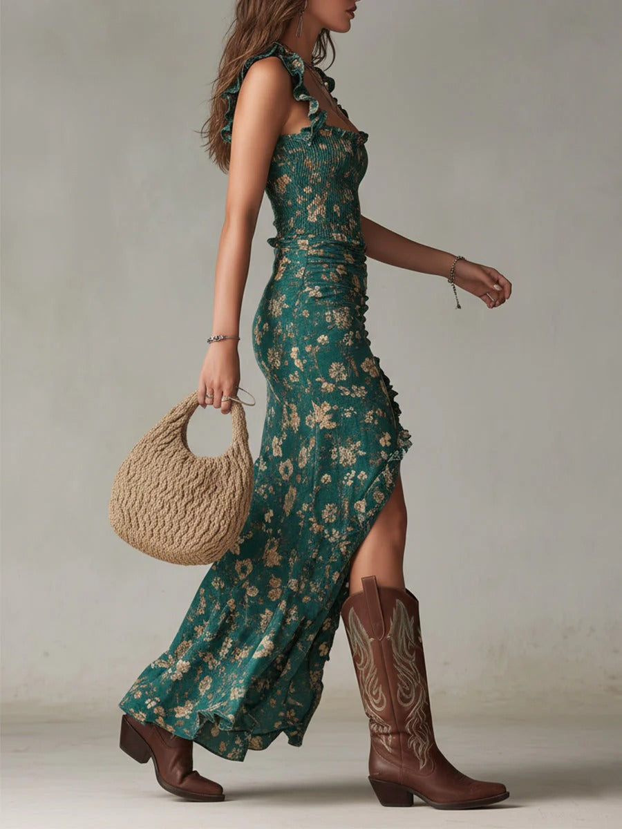 Sara | Retro Boho Maxi Dress with Flowing Sleeves and Side Slit