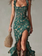 Sara | Retro Boho Maxi Dress with Flowing Sleeves and Side Slit