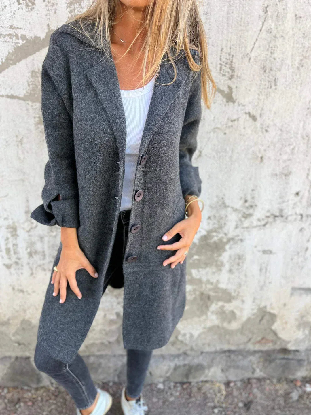 Baylea - Long Casual Wool Coat with Lapel