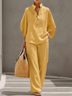 Maribel | Linen Set with Batwing Sleeves and Wide-Leg Pants
