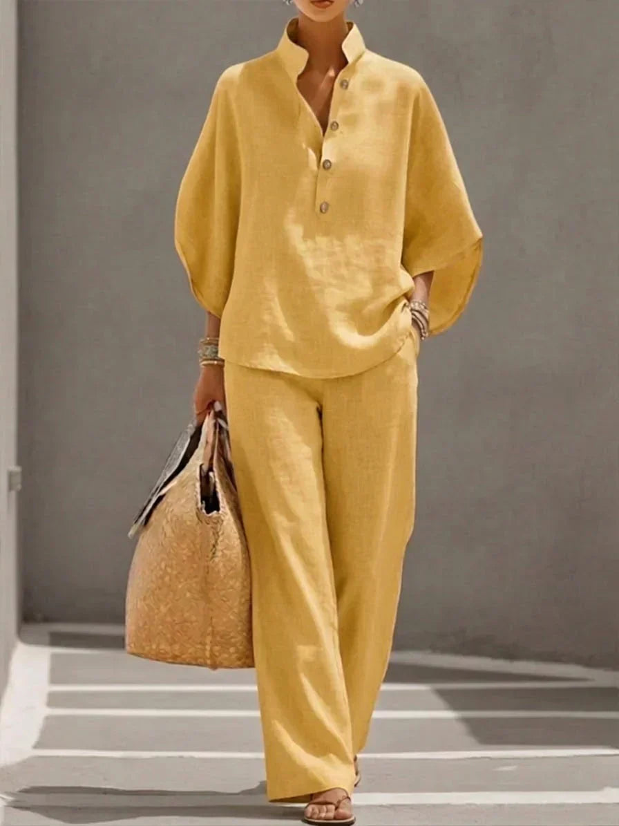 Maribel | Linen Set with Batwing Sleeves and Wide-Leg Pants