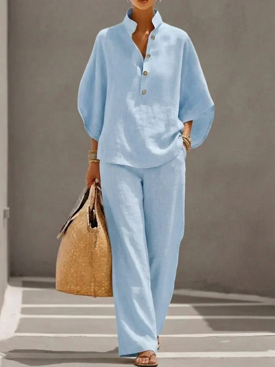 Maribel | Linen Set with Batwing Sleeves and Wide-Leg Pants