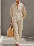 Maribel | Linen Set with Batwing Sleeves and Wide-Leg Pants