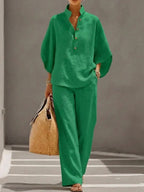 Maribel | Linen Set with Batwing Sleeves and Wide-Leg Pants